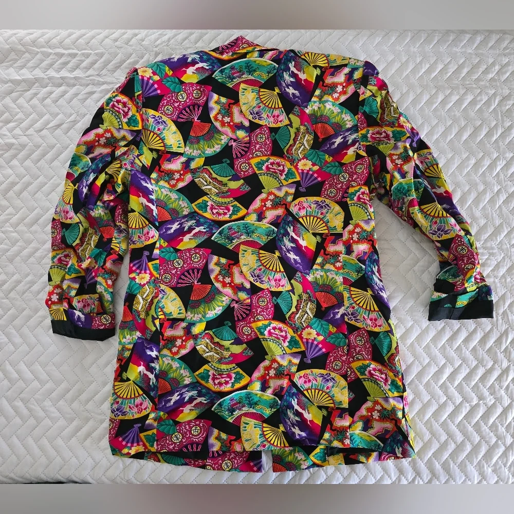 Vintage 100% Silk Dana Buchman Multicolor Fan Pattern Blazer - Picture 3 of 10
